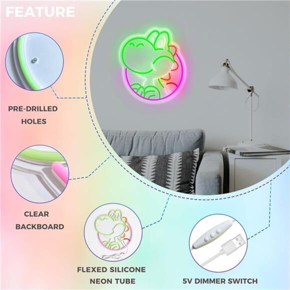 Yoshi Mario World LED Neon Sign Vintage Style Game Room Light Bedroom BRIGHT New - Picture 5 of 7
